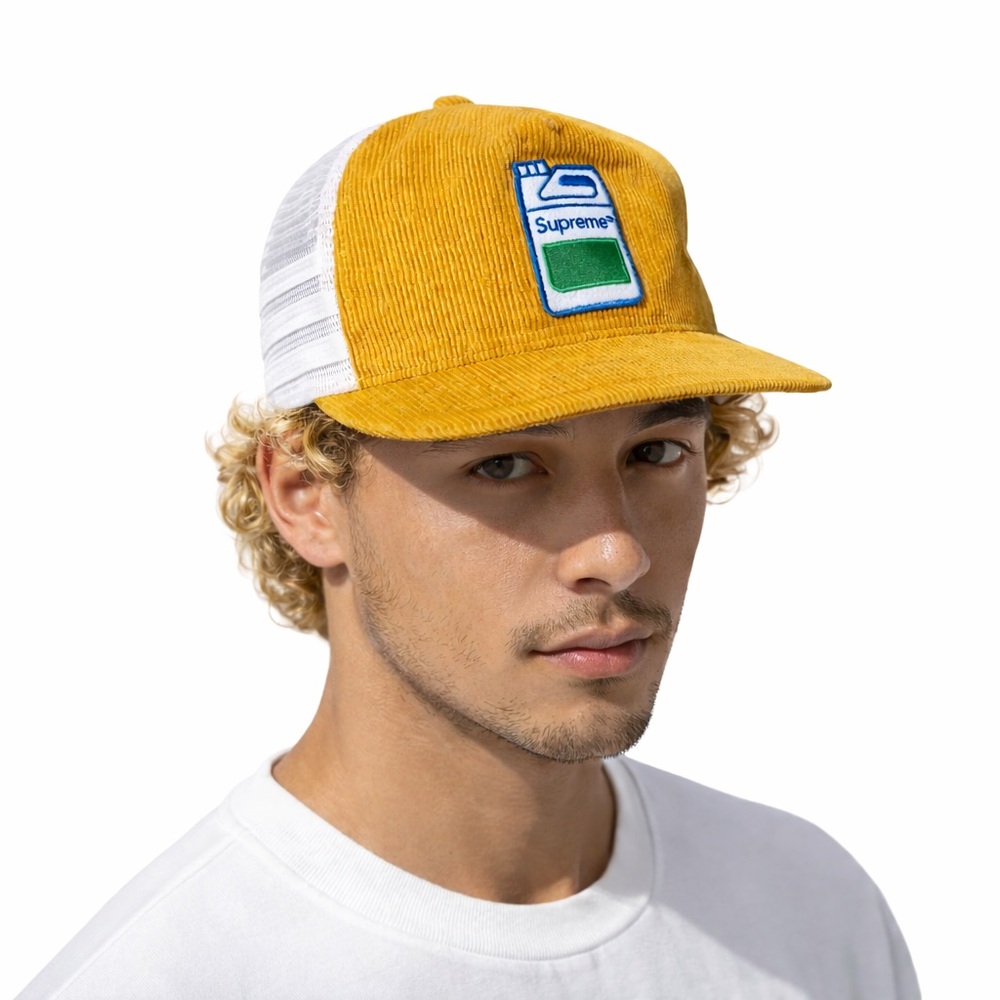 Supreme Yellow Corduroy Mesh-Back Hat with Blue & Green Patch